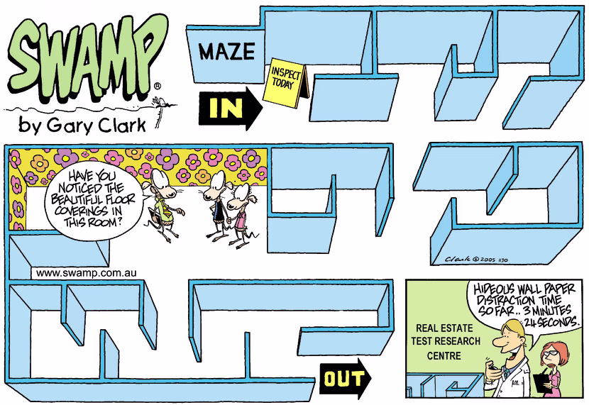 The scientists are researching how well the rat real estate agent is at distracting buyers away from the hideous wallpaper. Swamp Cartoon - Rat Real Estate AgentJune 15, 2025
