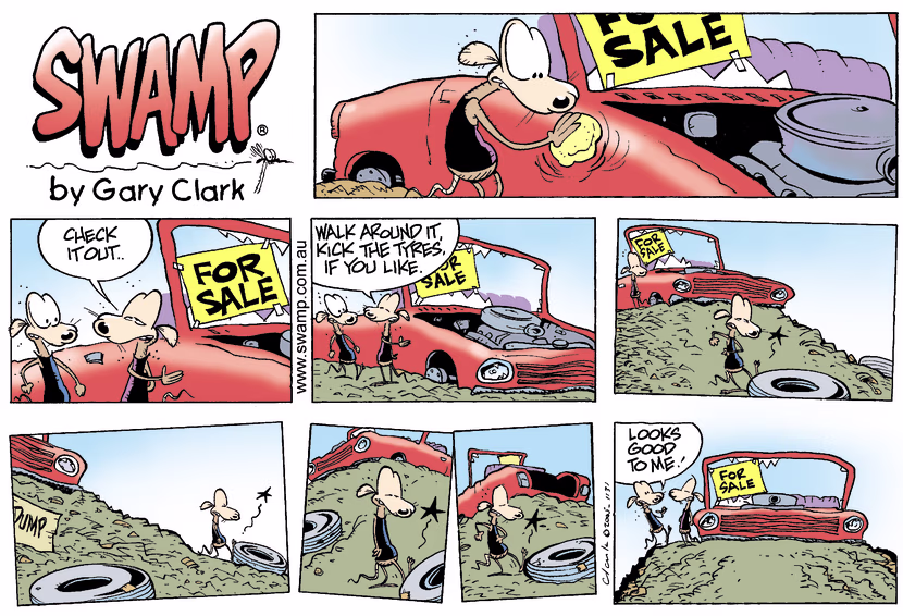 Chives Rat thinks he has a hot deal on a car and tells Cheese to check it out. Swamp Cartoon - Hot DealJune 22, 2025