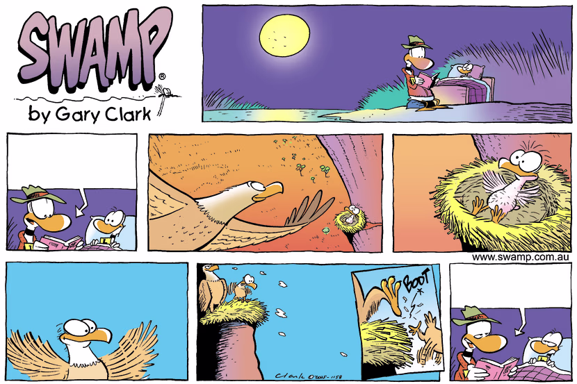 Ding's Dad enjoys reading a bedtime story to his son about a baby eagle growing up. Swamp Cartoon - Bedtime Story for Ding DuckSeptember 18, 2005