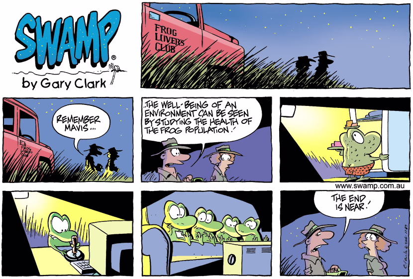 Frog Lover's Club is conducting health of frog population survey and they have seen a decline. Swamp Cartoon - Health of Frog PopulationApril 9, 2006