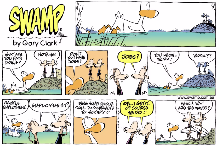 A Swamp Duck is asking Cheese and Chives Rats what they are doing and is puzzled they don't have jobs and are avoiding work. Swamp Cartoon - Avoiding workJanuary 26, 2025