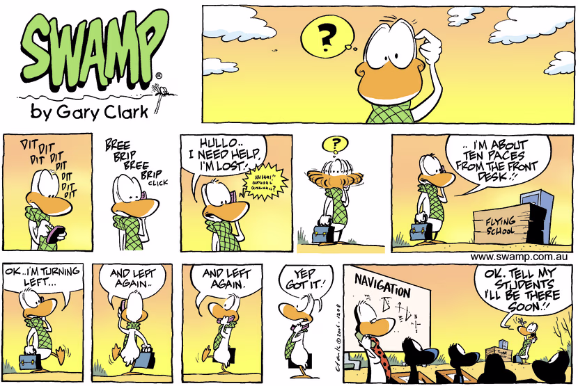 Navigation Instructor arrives at swamp flying school but lost his way to classroom. Swamp Cartoon - Navigation Instructor LostFebruary 16, 2025