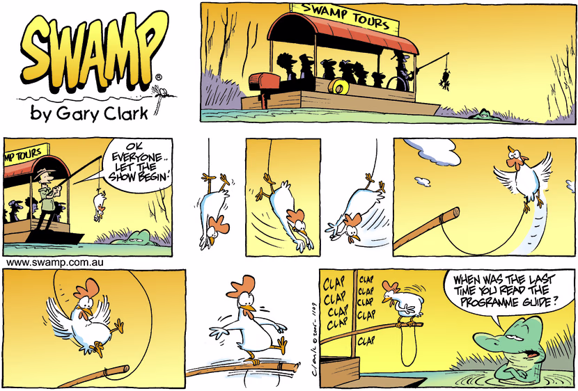 The chicken is really putting on a show, just not the one listed in the programme guide. Swamp Cartoon - Putting on a ShowFebruary 23, 2025