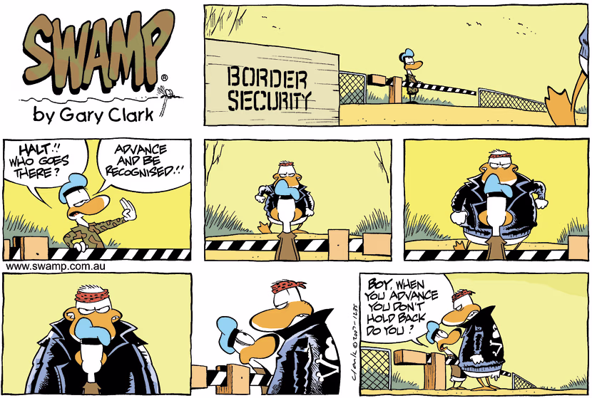 When new army duck recruit challenges the Wild Duck to stop at border security it gets bit close. Swamp Cartoon - Border Security DuckMarch 11, 2007