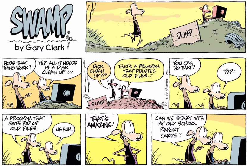 Chives Rat finds a computer at the dump and he's running a disk clean to remove old files. Swamp Cartoon - Remove Old FilesOctober 2, 2022