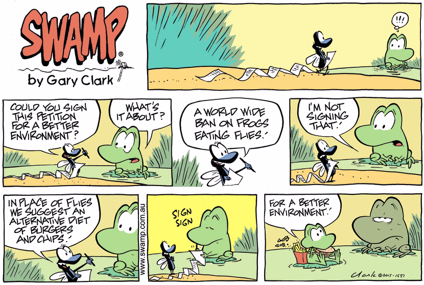 A fly is trying to convince Mort Frog to sign a petition to ban eating flies for a better environment. Swamp Cartoon - Ban Eating FliesApril 2, 2023