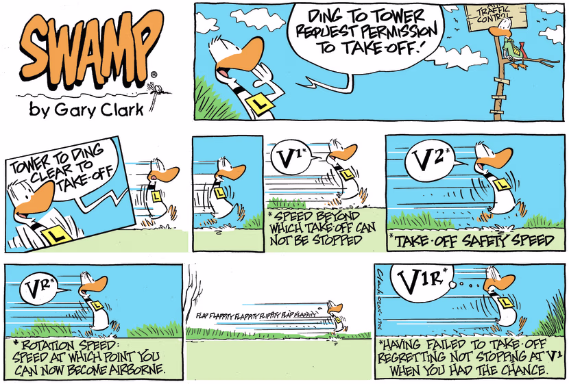 In his take-off attempt, Ding Duck calls out V1 and continues to speed along the runway. Swamp Cartoon - Ding Duck V1 ComicAugust 21, 2016