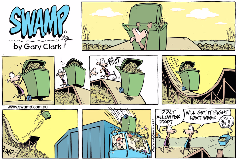 At the wheelie bin ski jump, Chives Rat didn't allow for drift and hit the garbage truck cabin. Swamp Cartoon - Chives Rat Drift ComicAugust 25, 2024