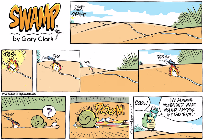 Having lit the black powder Turtle is chuffed to see Snail powered out of his shell. Swamp Cartoon - Swamp Turtle ExplosiveJuly 28, 2024