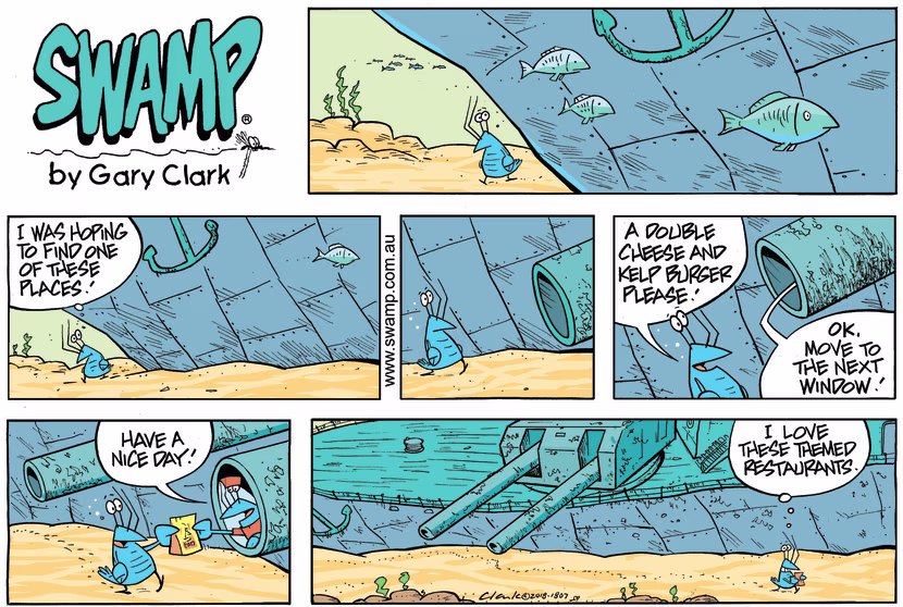 Bob Crayfish is hungry and to his delight he finds a themed restaurant under water and orders a burger. Swamp Cartoon - Bob Crayfish Themed RestaurantJune 30, 2024