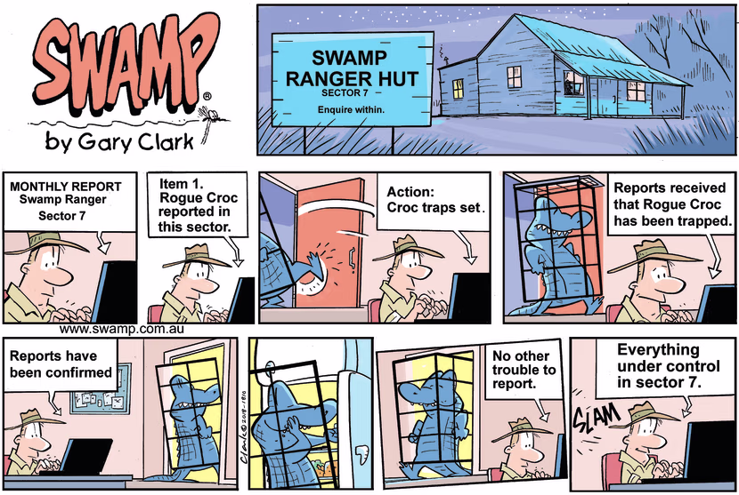 Swamp ranger has radioed in that Rogue Croc, Snapper has been successfully trapped. Swamp Cartoon - Rogue Croc TrappedSeptember 2, 2018