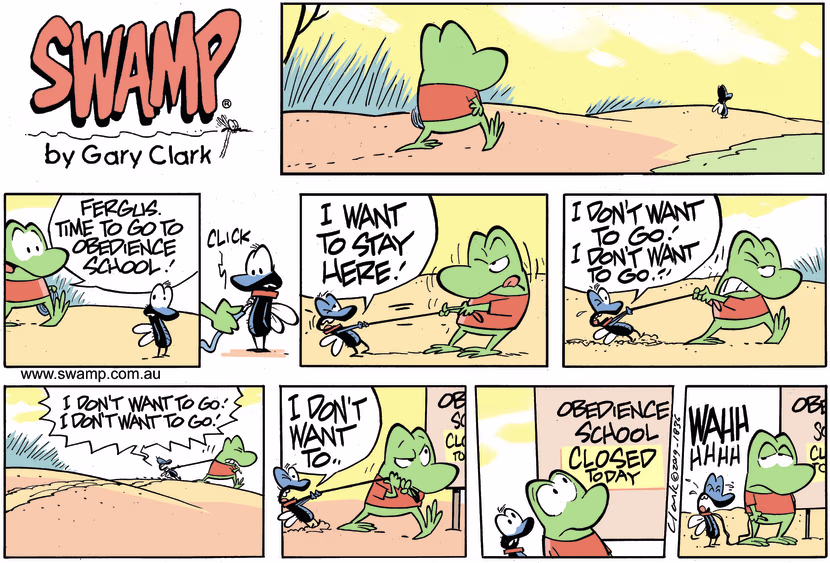 Mort Frog drags his pet fly, Fergus kicking and screaming to pet obedience school only to find it closed. Swamp Cartoon - Pet Obedience SchoolNovember 17, 2024