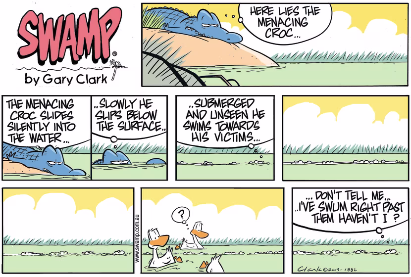 A Rogue Croc slips silently into the water and submerges to swim towards his unsuspecting victims. Swamp Cartoon - Rogue Croc MenacingFebruary 2, 2020