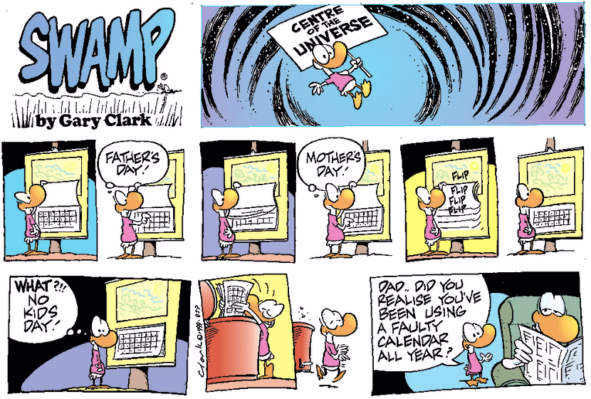 Bay Duck scans though calendar and sees there's mothers and fathers days but no kids day. Swamp Cartoon - Parent`s Day ComicNovember 14, 1999
