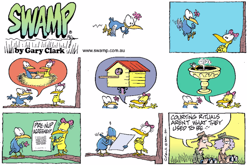 Male bird is courting female bird bringing flowers, building nest and then she requests pre-nuptual agreement. Swamp Cartoon - Bird Mating AgreementOctober 15, 2000