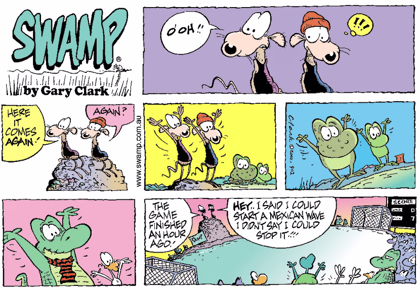 The Swamp inhabitants are having fun at the Ice Hockey game celebrating with a Mexican wave. Swamp Cartoon - Swamp Hockey CelebrationOctober 22, 2000