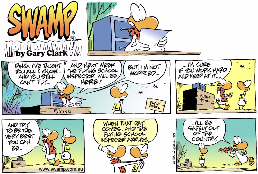 Flying School inspector is due for arrival so Ding Duck's flight instructor is heading overseas. Swamp Cartoon - Flying School InspectorApril 14, 2002