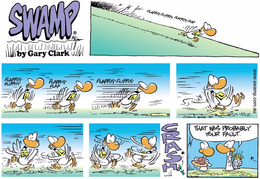 Ding Duck is gathering speed on the runway then suddenly begins to slip and slide. Swamp Cartoon - Ding Duck Runway SlideMay 12, 2002