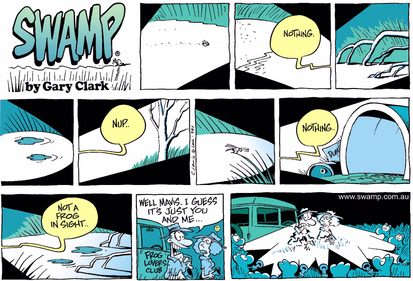 Frog Lovers Club members are searching for frogs everywhere in the Swamp but they're hiding. Swamp Cartoon - Swamp Frogs HidingMay 26, 2002