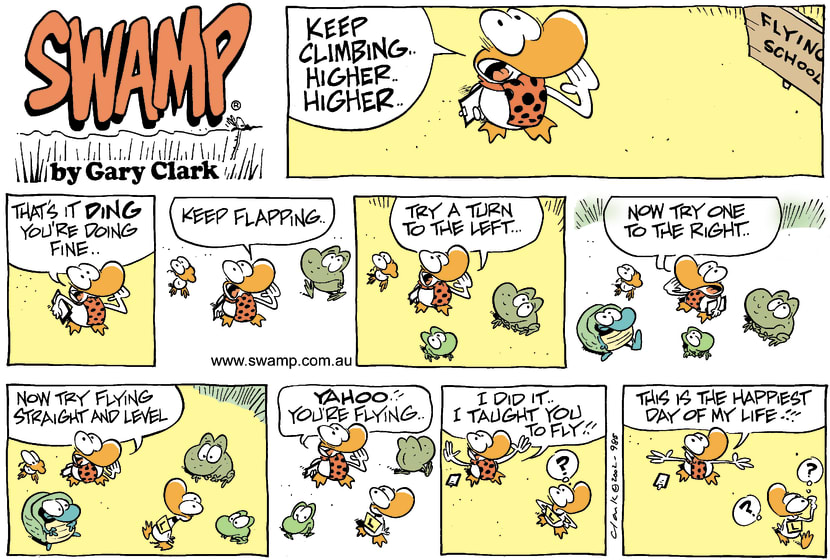 Flight Instructor has a proud moment when he believes Ding Duck is flying and he shouts encouragement to fly higher. Swamp Cartoon - Flight Instructor Proud MomentJune 2, 2002