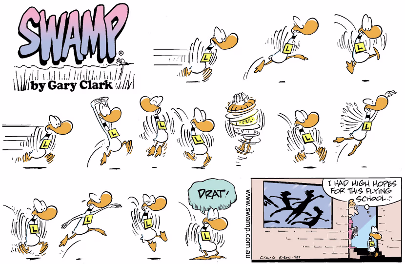 Ding Duck becomes twinkle toes to explore ballet moves in the bid to get himself flying. Swamp Cartoon - Ding Duck Twinkle ToesJune 16, 2002