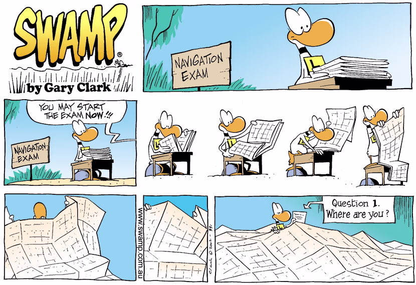 Ding Duck is sitting for his navigation exam and there are so many sections to the map he loses his position. Swamp Cartoon - Ding Duck Map ComicJuly 7, 2002