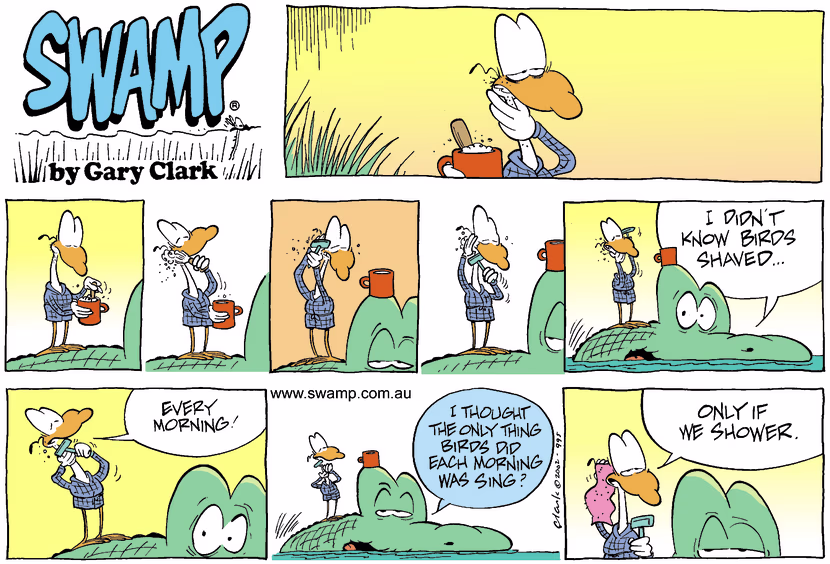 Old Man Croc discovers his nitpicker bird has a wide range of morning duties apart from singing. Swamp Cartoon - Morning DutiesAugust 4, 2002