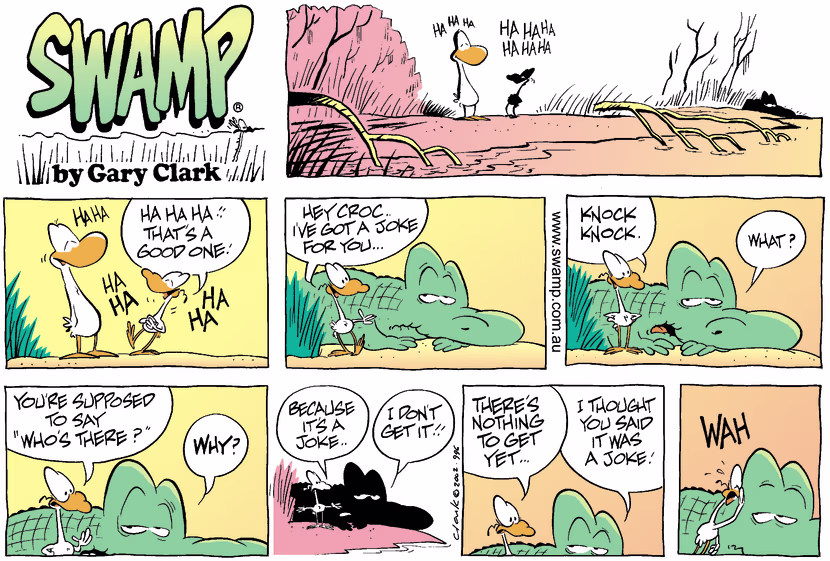 Nitpicker bird hears a funny knock-knock joke for Old Man Croc but things fall flat. Swamp Cartoon - Nitpicker Knock KnockAugust 11, 2002