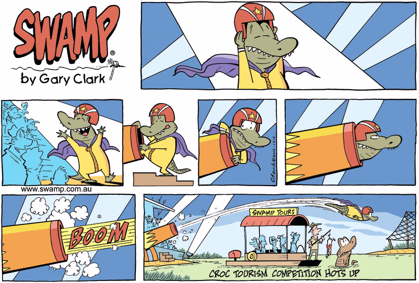 Crocodile tourism competition is getting even tougher with crocs being suited up and being fired out of a cannon. Swamp Cartoon - Tour Boat CompetitionMarch 31, 2024