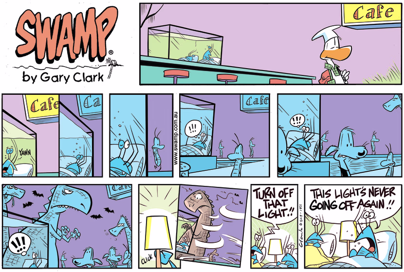 Bob Crayfish is sound asleep in bed when he hears noises. He sees monsters, cockroaches, rats, bats and scary critters. Swamp Cartoon - Bob Crayfish SleepingJuly 28, 2019