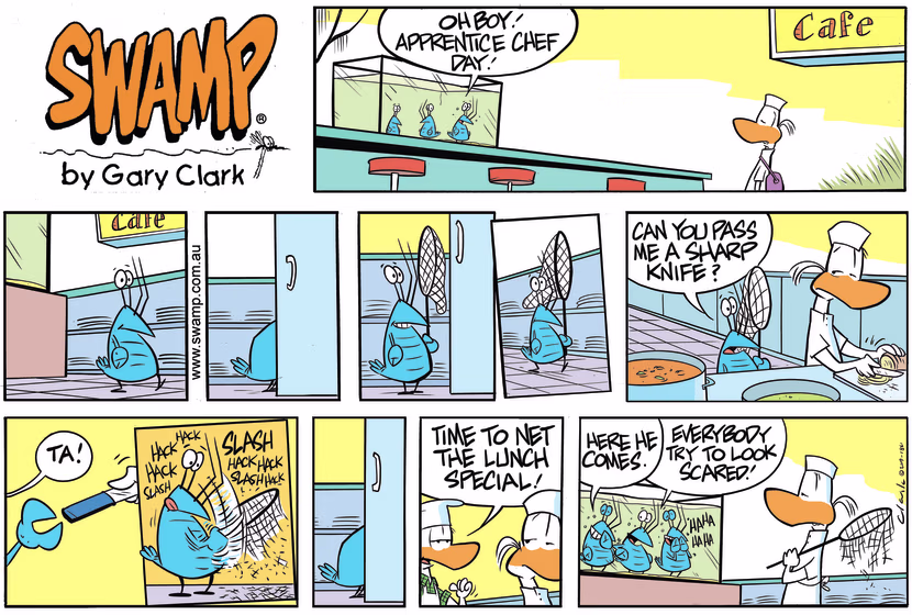 Bob Crayfish asks the apprentice chef for sharp knife not realizing Bob's intentions. Swamp Cartoon - Bob Crayfish Sharp KnifeSeptember 1, 2019