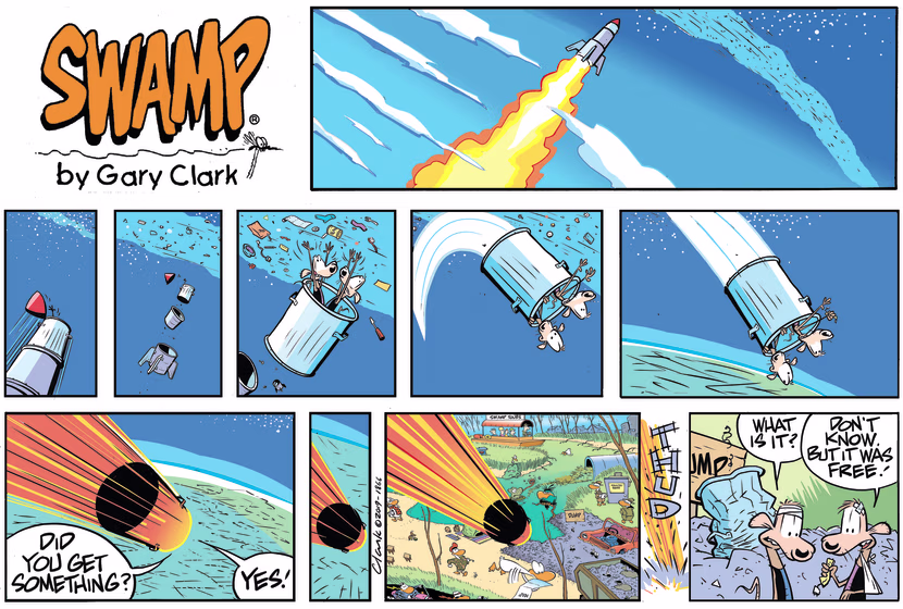 Cheese and Chives are in space when their rocket breaks up but Chives manages to grab some junk before crashing to earth. Swamp Cartoon - Cheese and Chives Free StuffOctober 6, 2019