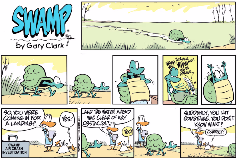 Aviator Duck was coming in for landing believing the water was clear of any obstacles. Swamp Cartoon - Coming in for LandingDecember 1, 2019