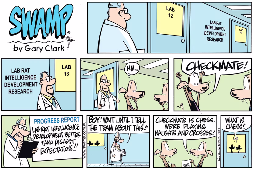 Cheese and Chives Rats are being evaluated by a scientist in an intelligence test. Swamp Cartoon - Cheese and Chives Rats Lab TestDecember 29, 2019