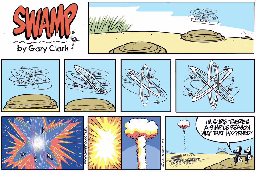 Flies buzzing above a cowpat form a pattern in flight that triggers an atomic explosion. Swamp Cartoon - Flies Create Atomic ExplosionJanuary 12, 2020