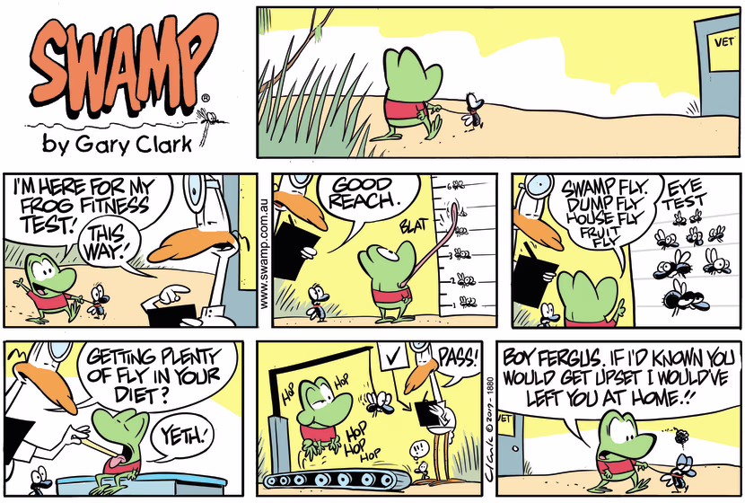 Mort Frog is going through fitness test and his pet fly, Fergus gets upset by something. Swamp Cartoon - Mort Frog Fitness TestJanuary 26, 2020
