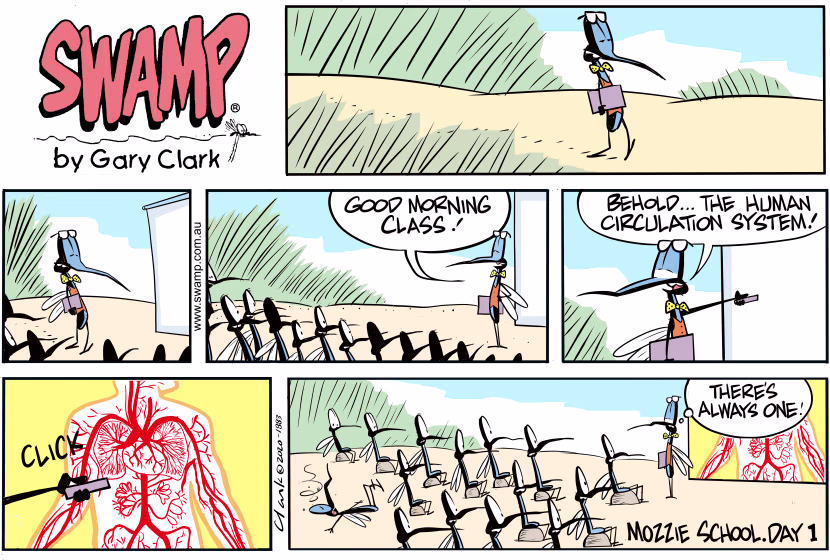 At Mosquito School on day one the students are learning about the human circulation system. Swamp Cartoon - Mosquito School Day 1February 9, 2020