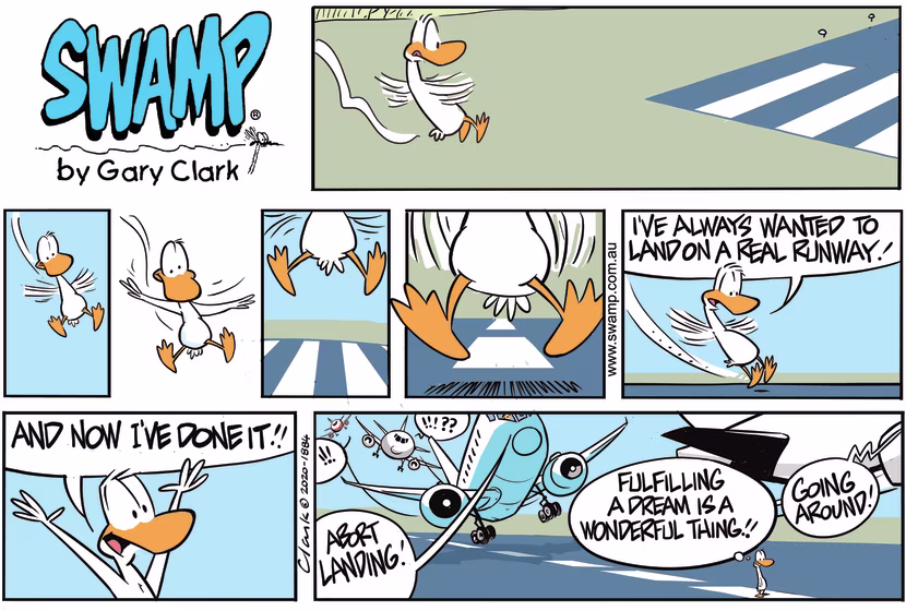 Aviator Duck dreamt of landing on a commercial runway so he ticked that one off his bucket list. Swamp Cartoon - Aviator Duck Dream LandingFebruary 16, 2020