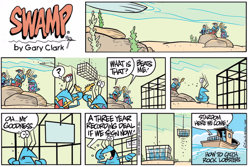 Fisherman has discovered a very easy way to catch rock lobsters - offer them a recording contract. Swamp Cartoon - How to Catch Rock LobstersFebruary 23, 2020