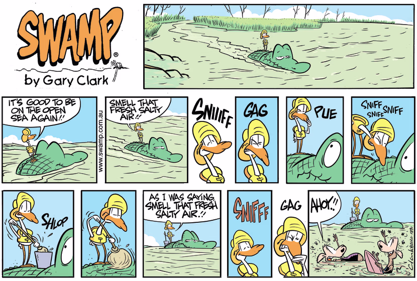Old Man Croc and Nit Picker Bird are enjoying being out on the open ocean again until they take deep breath. Swamp Cartoon - Old Man Croc Open OceanApril 5, 2020