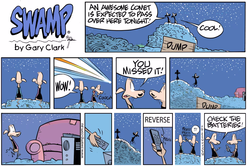 Chives Rat is telling Cheese that there is an awesome comet lighting the night sky. Swamp Cartoon - Chives Rat Awesome CometAugust 16, 2020