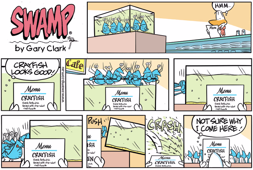 When the crayfish see diner perusing menu they escape and united push aquarium off bench. Swamp Cartoon - Crayfish United PlanAugust 23, 2020