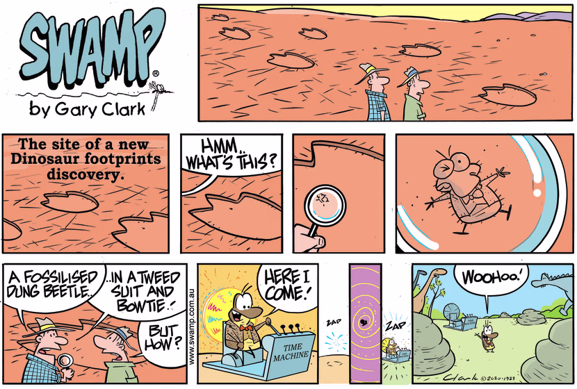 Two fossickers are exploring dinosaur footprints when they find a fossilized dung beetle. Swamp Cartoon - Dung Beetle Time MachineNovember 1, 2020