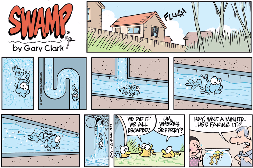 The goldfish play dead and get flushed down toilet and escape except for Jeffrey. Swamp Cartoon - The Great Drain Pipe EscapeDecember 13, 2020