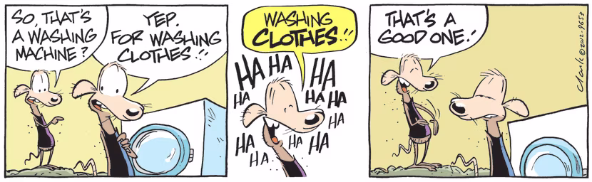 Chives Rat finds it very funny there is a washing machine in the dump for washing clothes. Swamp Cartoon - Chives Rat Washing MachineApril 7, 2021