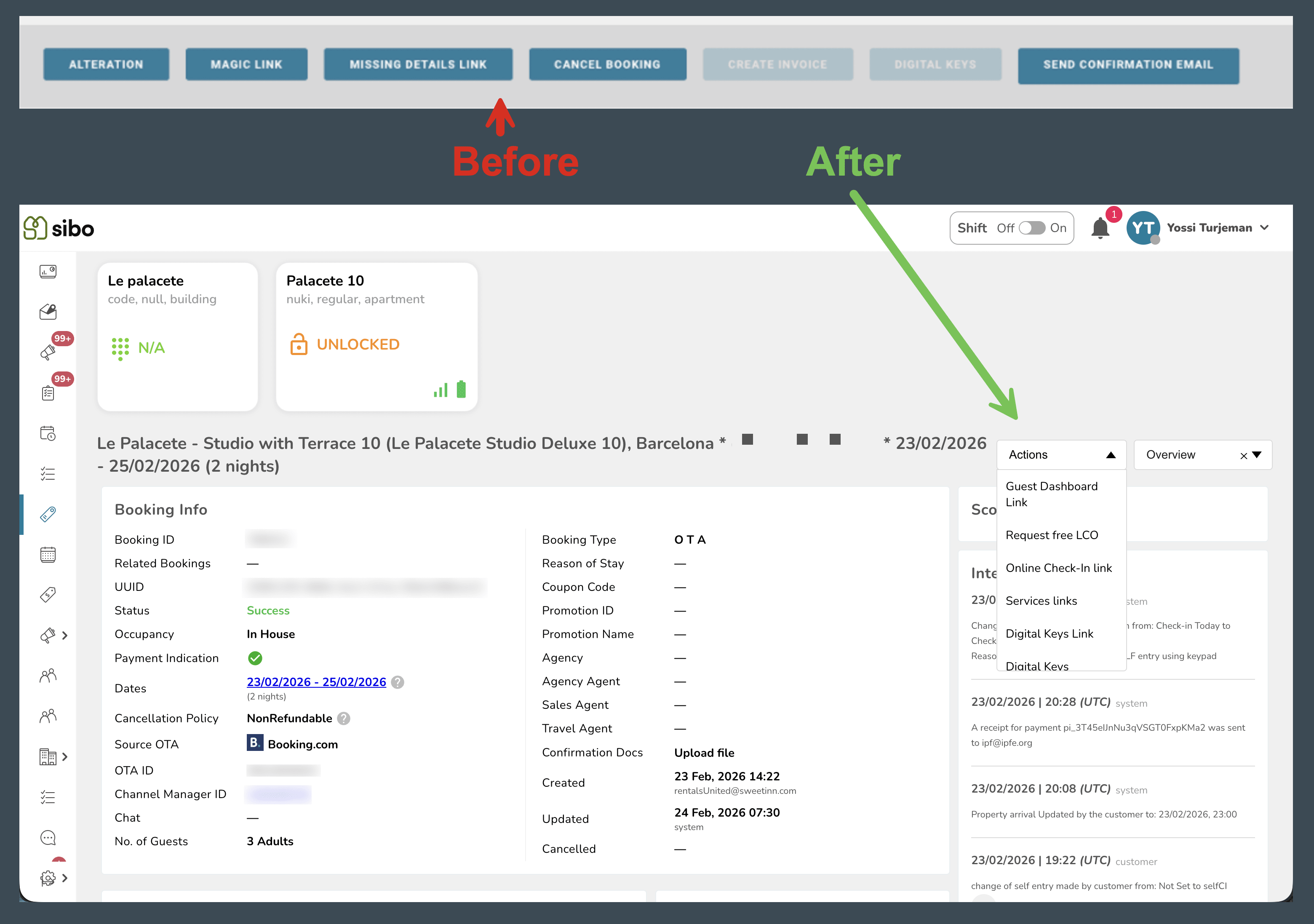Quick Access to Booking Actions