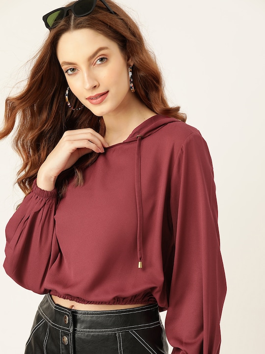 Burgundy Hooded Solid Blouson Crop Top