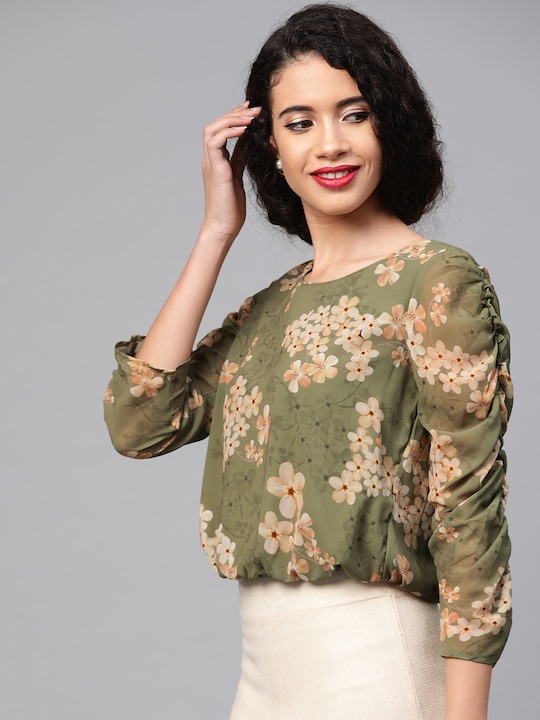 Olive Green & Beige Floral Georgette Blouson Top