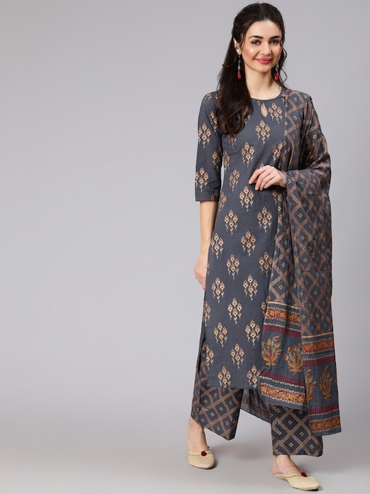 Women Charcoal Grey & Gold Ethnic Motifs Print Cotton Straight Kurta Palazzos Dupatta