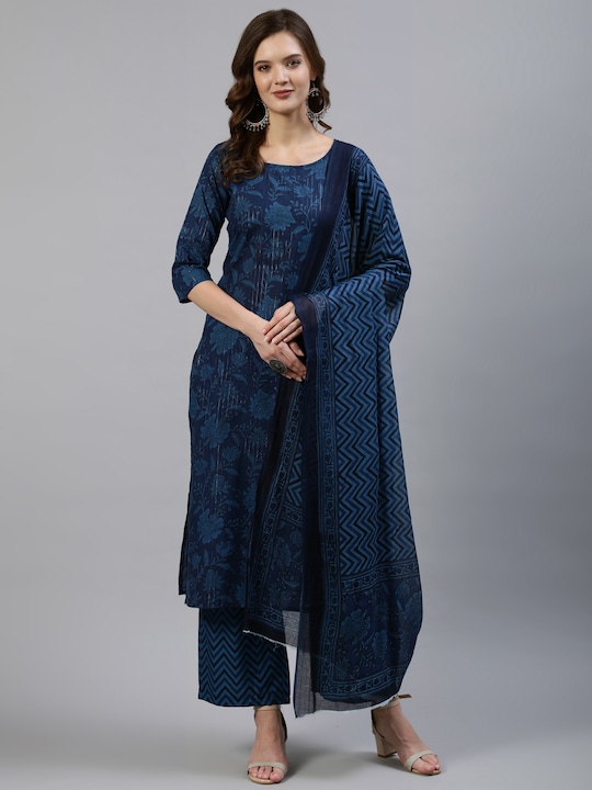 Women Navy Blue Straight Screen Print Pure Cotton Kurta & Palazzos With Dupatta